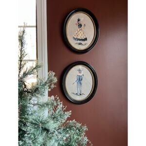 Pair of 1949 Hand Stitched Needlepoint Petit Point Oval Art Framed Vintage 40s